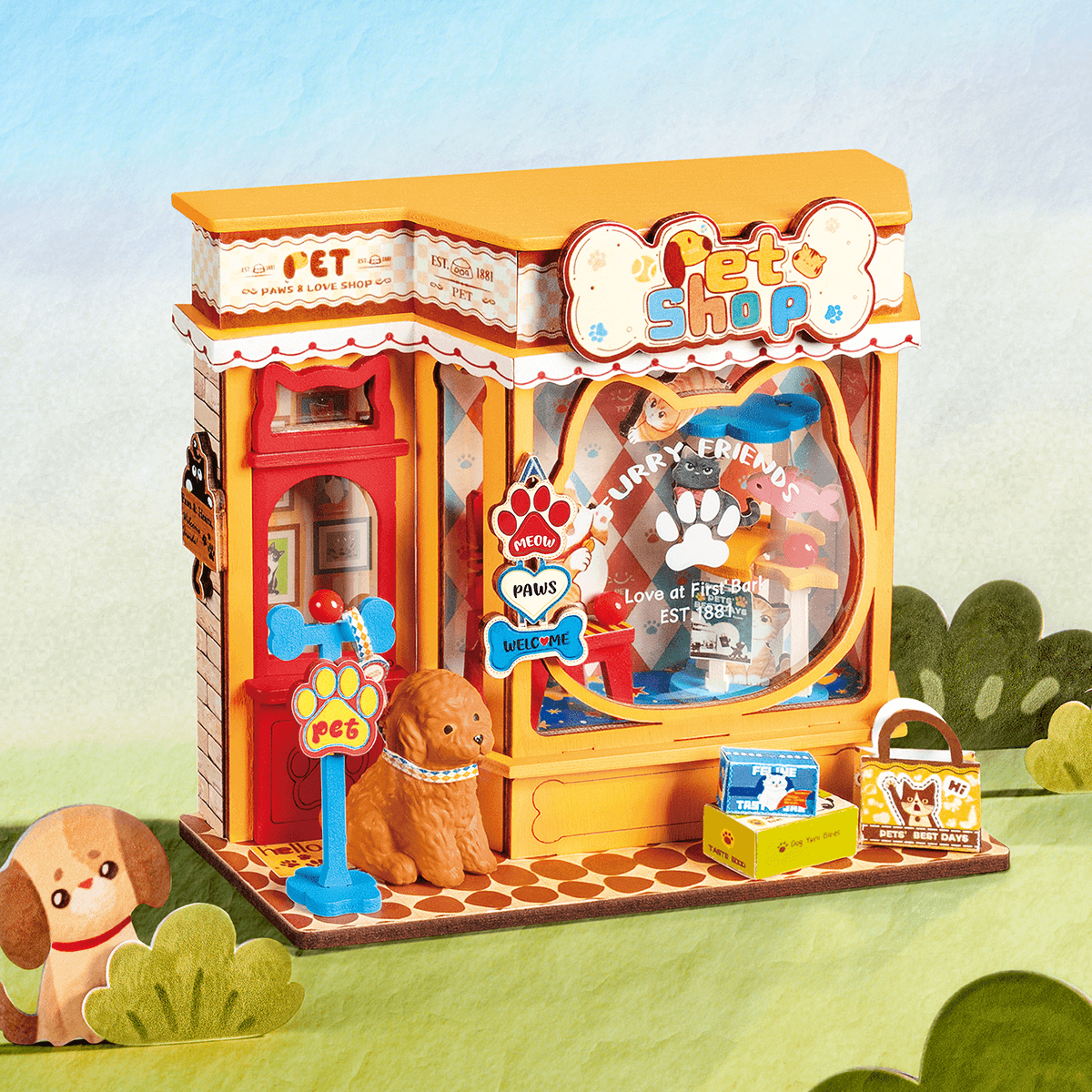 Rolife Pawfect Pet Shop DS045 miniatuur dierenwinkel in een speelse buitenscène