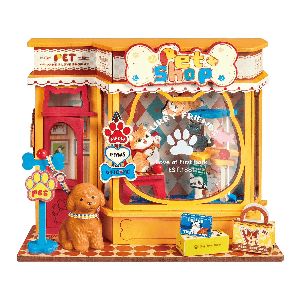 Rolife Pawfect Pet Shop DS045 witte achtergrond miniatuur dierenwinkel productweergave