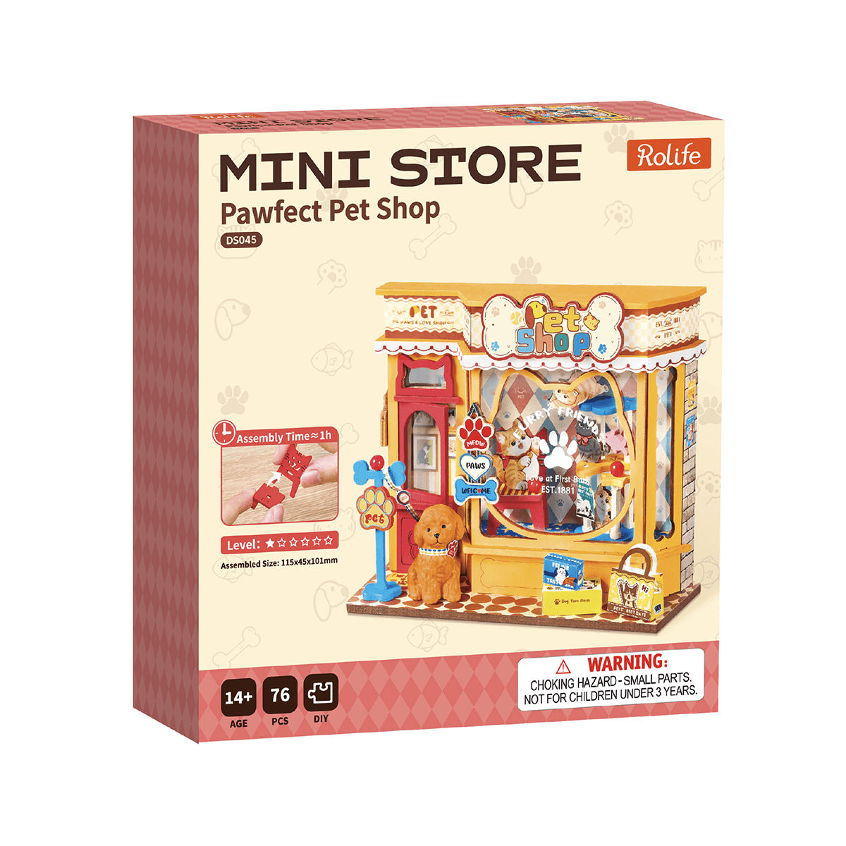Rolife Pawfect Pet Shop DS045 product package with completed miniature pet shop