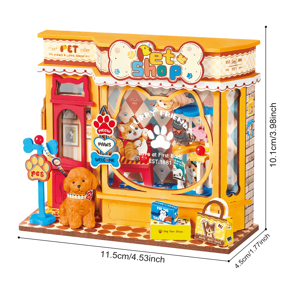 Pawfect Pet Shop DS045 size graphic, 11.5 x 4.5 x 10.1 cm finished miniature house
