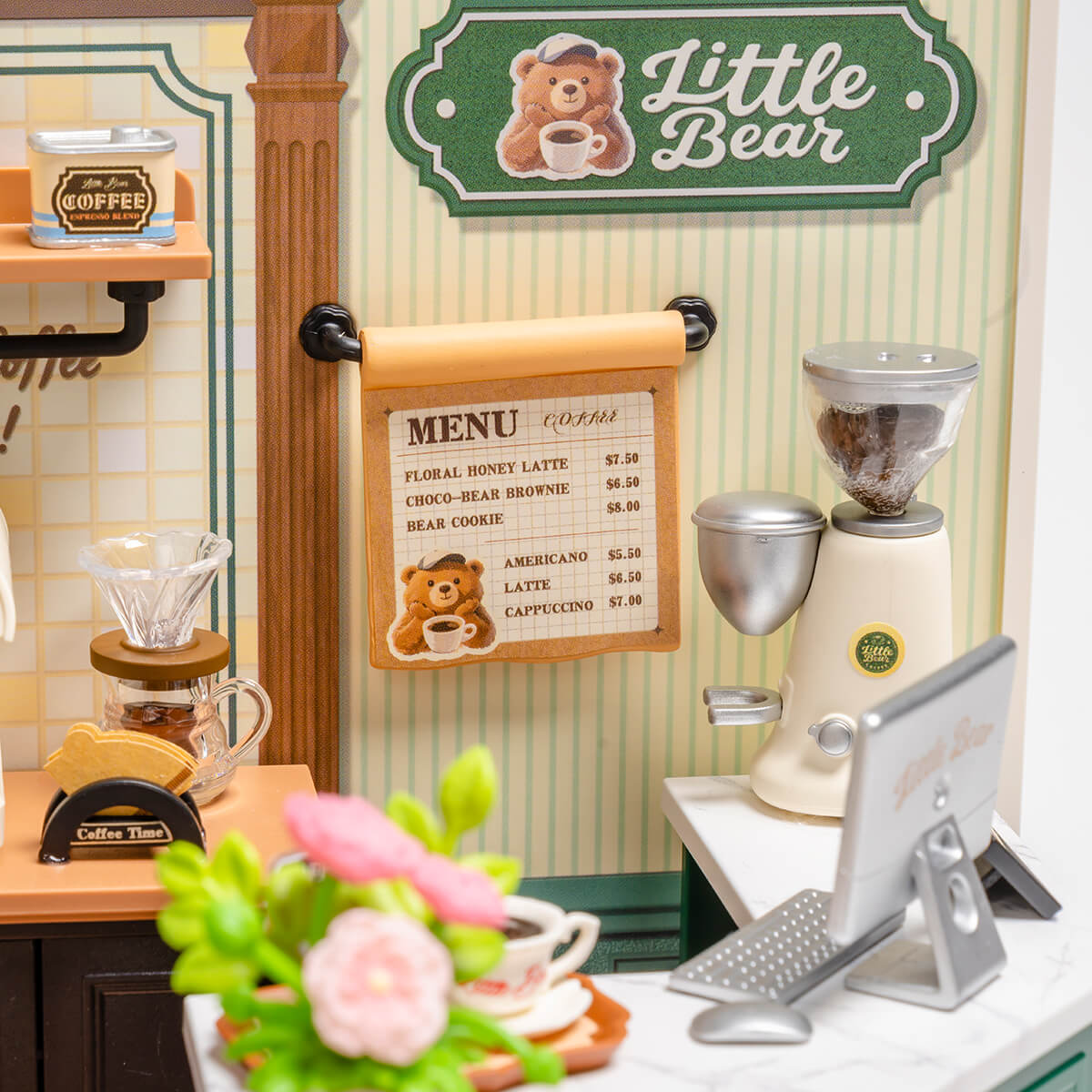 Close-up of Perfect Romance Cafe menu board, grinder, flowers, and counter tools