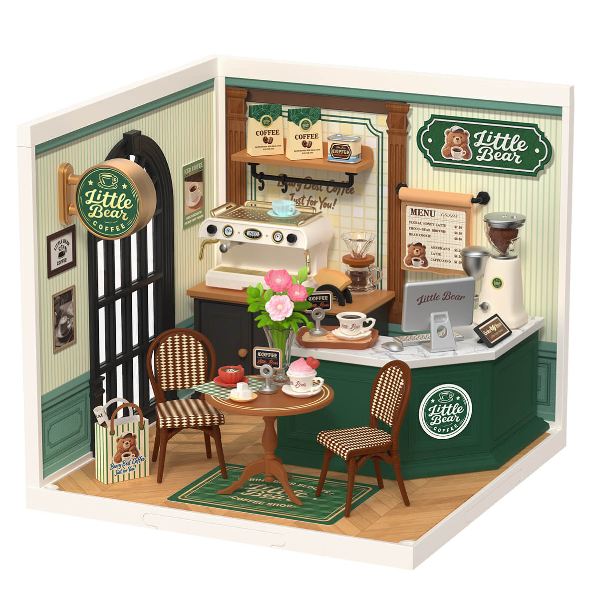 Rolife Perfect Romance Cafe DW028 vista del producto con fondo blanco y mostrador verde