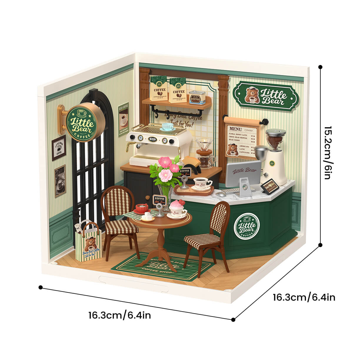 Perfect Romance Cafe DW028 size graphic, 16.3x16.3x15.2cm, 6.4x6.4x6in finished model