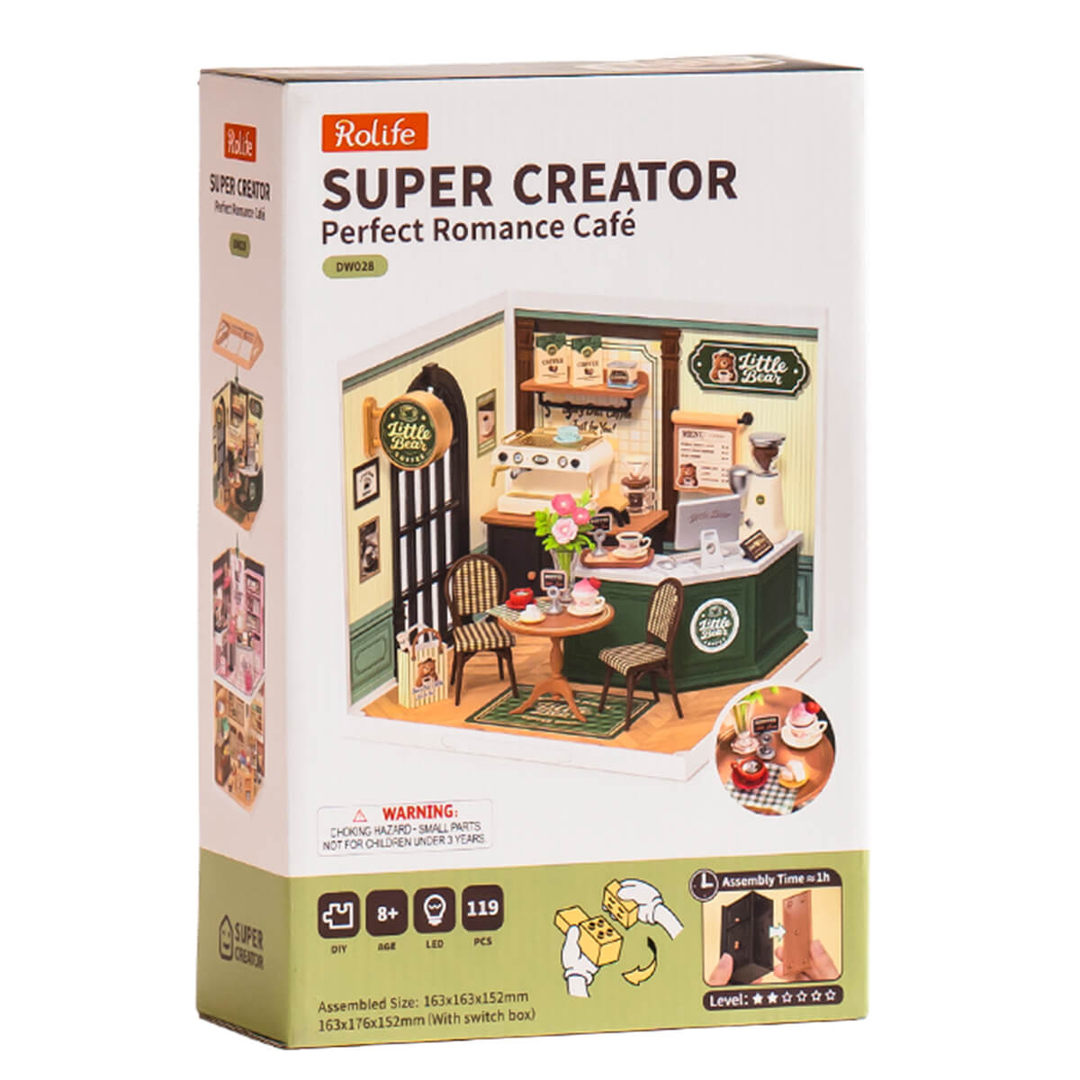 Perfect Romance Cafe DW028 package beside completed Super Creator coffee shop model