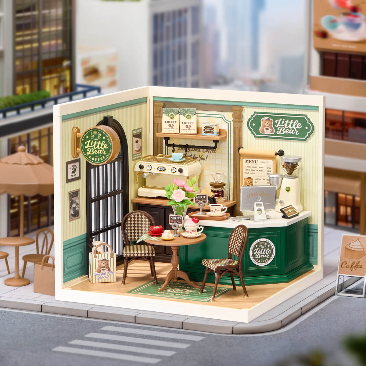 Perfect Romance Cafe model displayed by a window with green storefront interior
