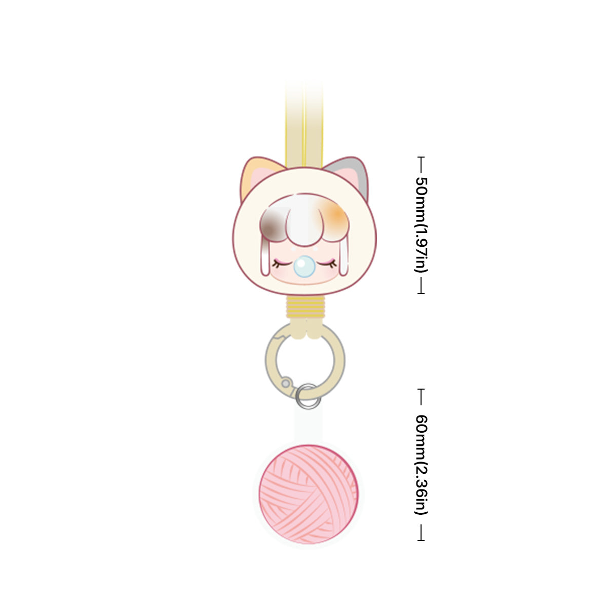 Baby Nanci Fluffy Party phone chain size graphic with 50 mm charm and 60 mm pom-pom