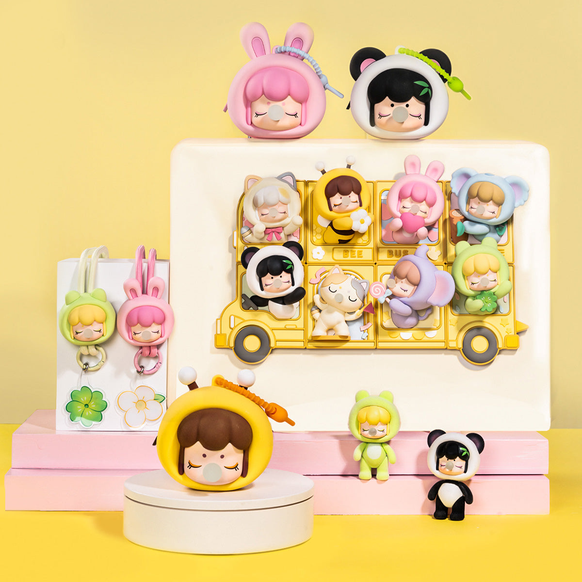 Baby Nanci Fluffy Party phone chain collection display with boxed figures