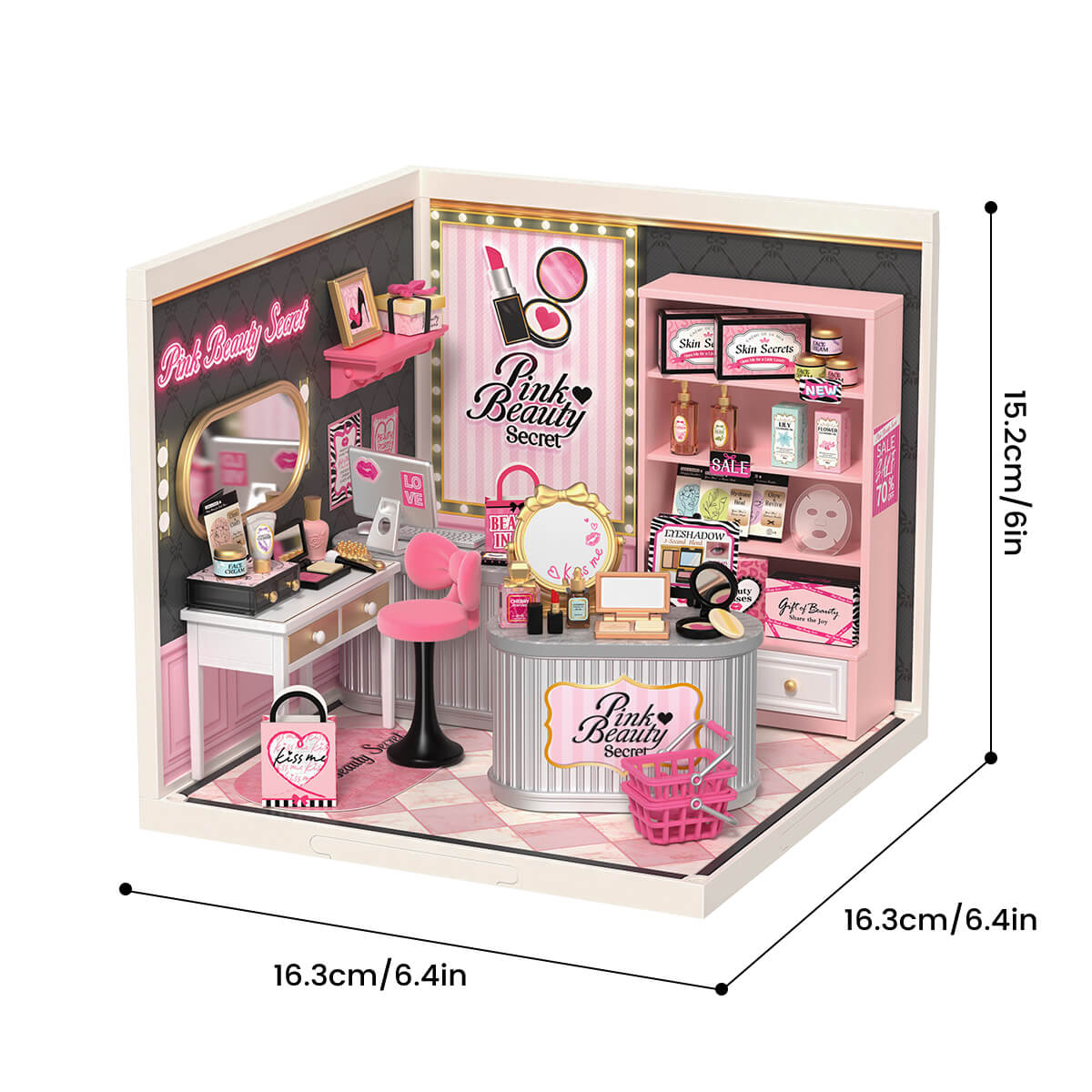 Pink Beauty Secret DW026 size graphic, 16.3x16.3x15.2cm, 6.4x6.4x6in finished model