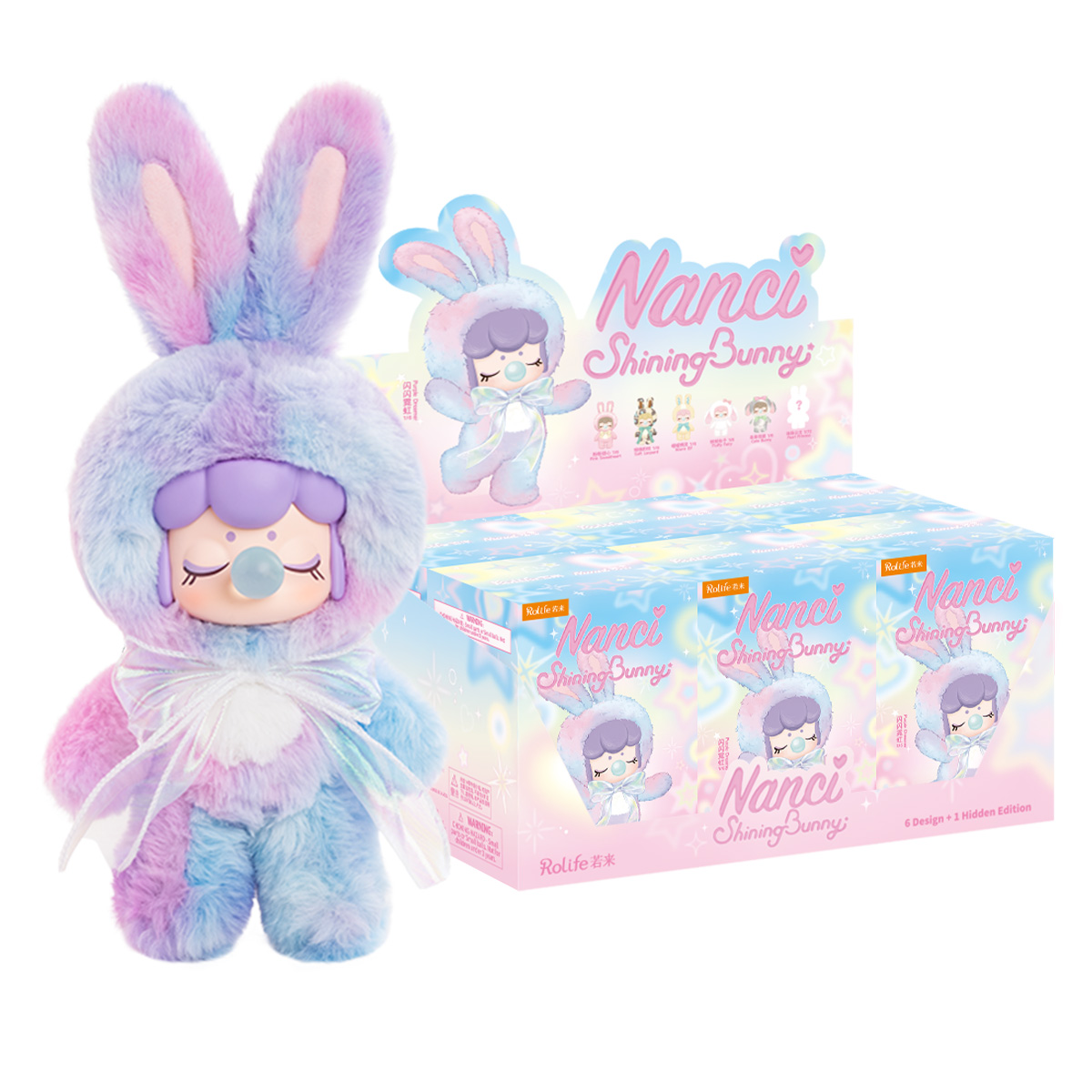 Nanci's Shining Bunny MNBXX Titelgrafik mit featured Plüschpuppe und Blindbox-Verpackung