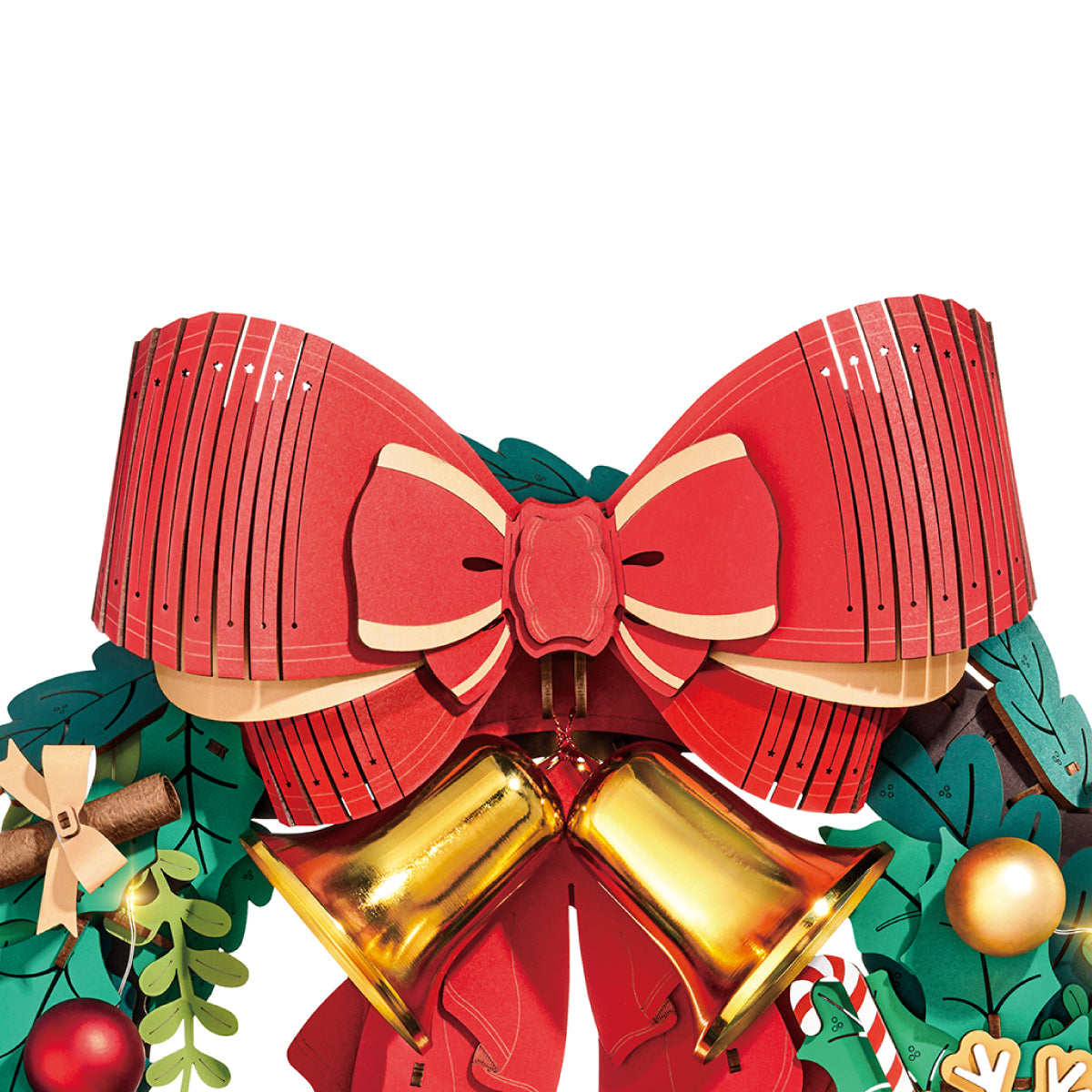 Couronne de Noël TGL04 gros plan sur les détails du nœud rouge et de la cloche dorée