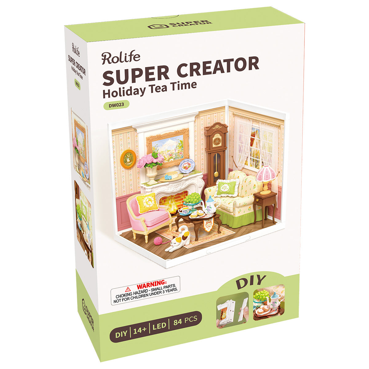Rolife Holiday Tea Time DW023 product package with completed miniature room