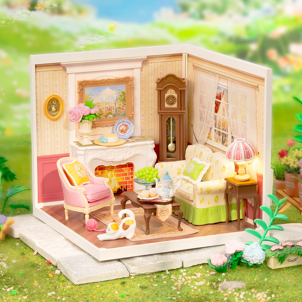 Holiday Tea Time DW023 miniature room in a soft outdoor display scene