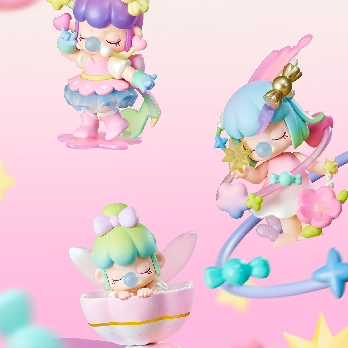 Nanci Sweet Time Charakteraufstellungsszene mit mehreren pastellfarbenen Figuren