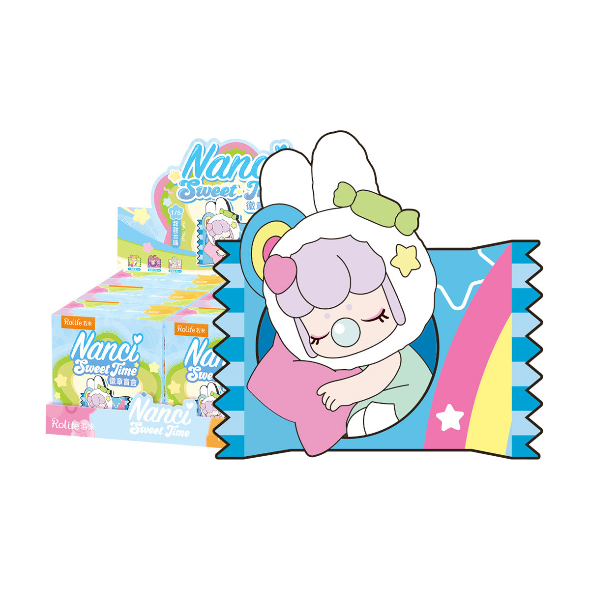 Nanci Sweet Time badge blind box display with featured badge on white background