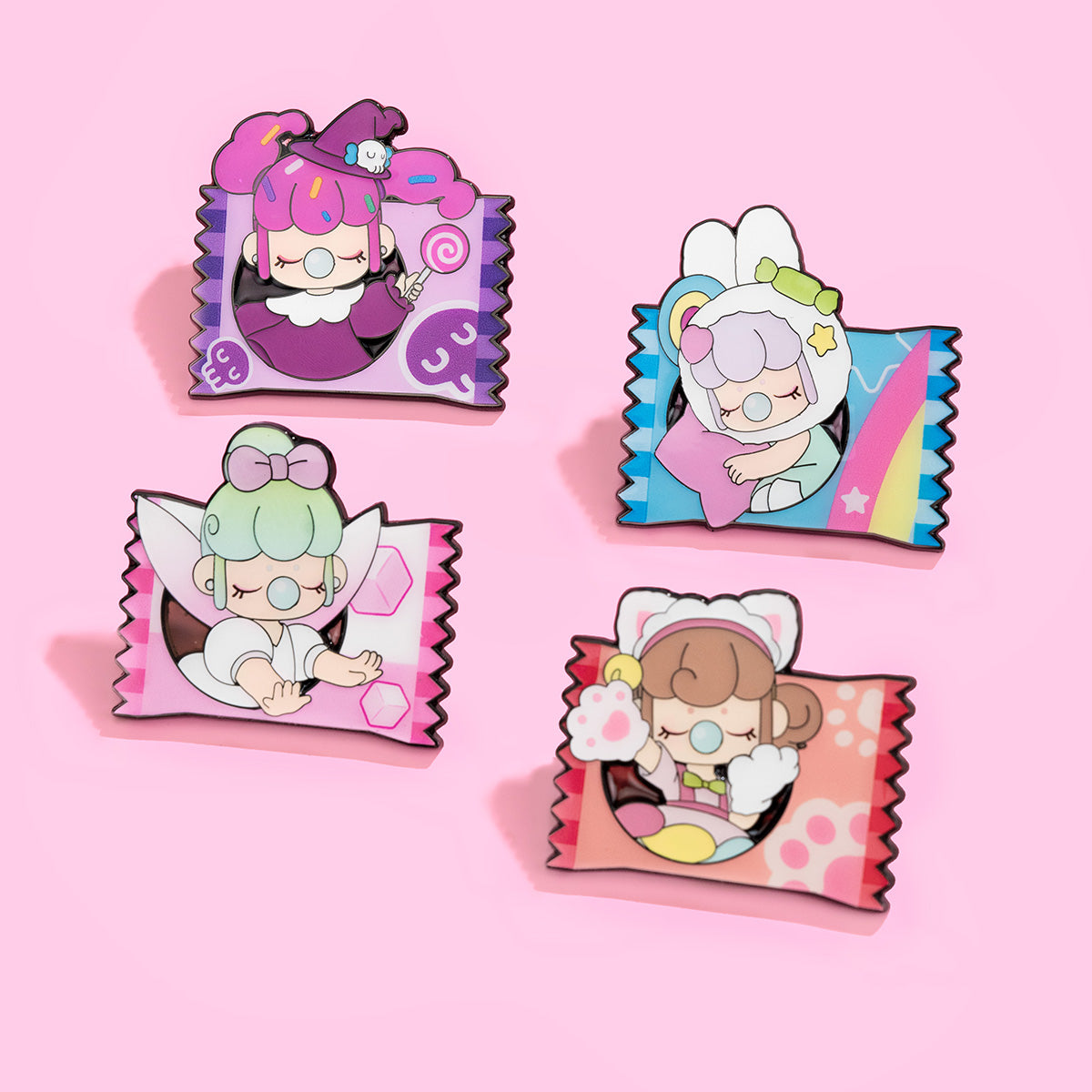Nanci Sweet Time badge collection display on a pink background