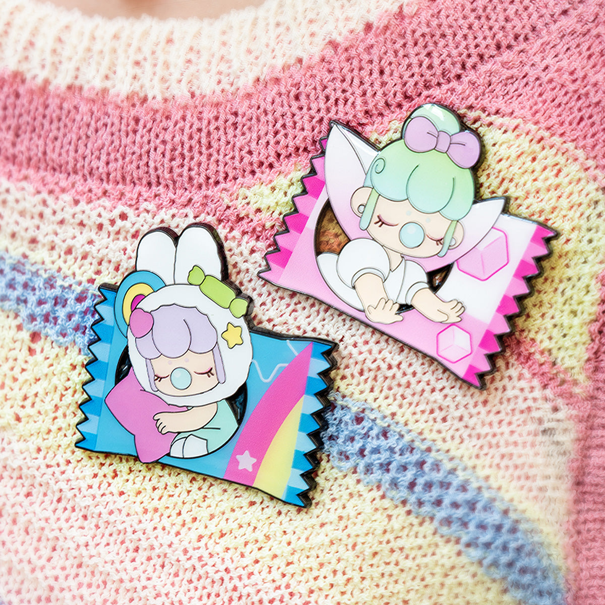 Nanci Sweet Time badges styled on knitted fabric