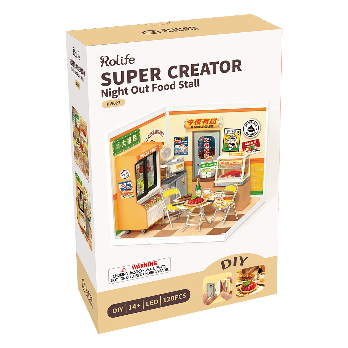 Rolife Night Out Food Stall DW022 product package with completed miniature room