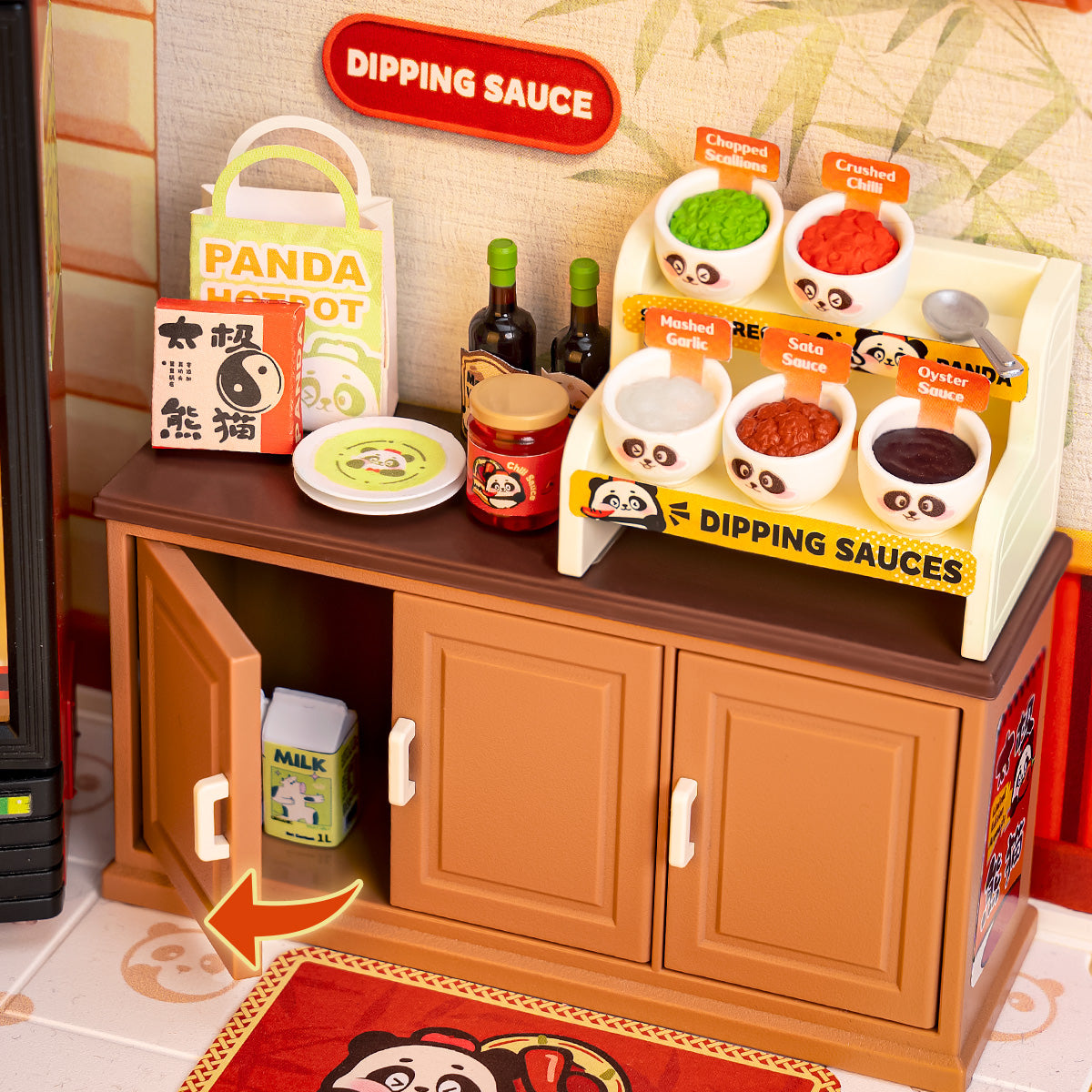 Panda Hot Pot DW020 Nahaufnahme der Dip-Saucenstation und des Gewürzschranks