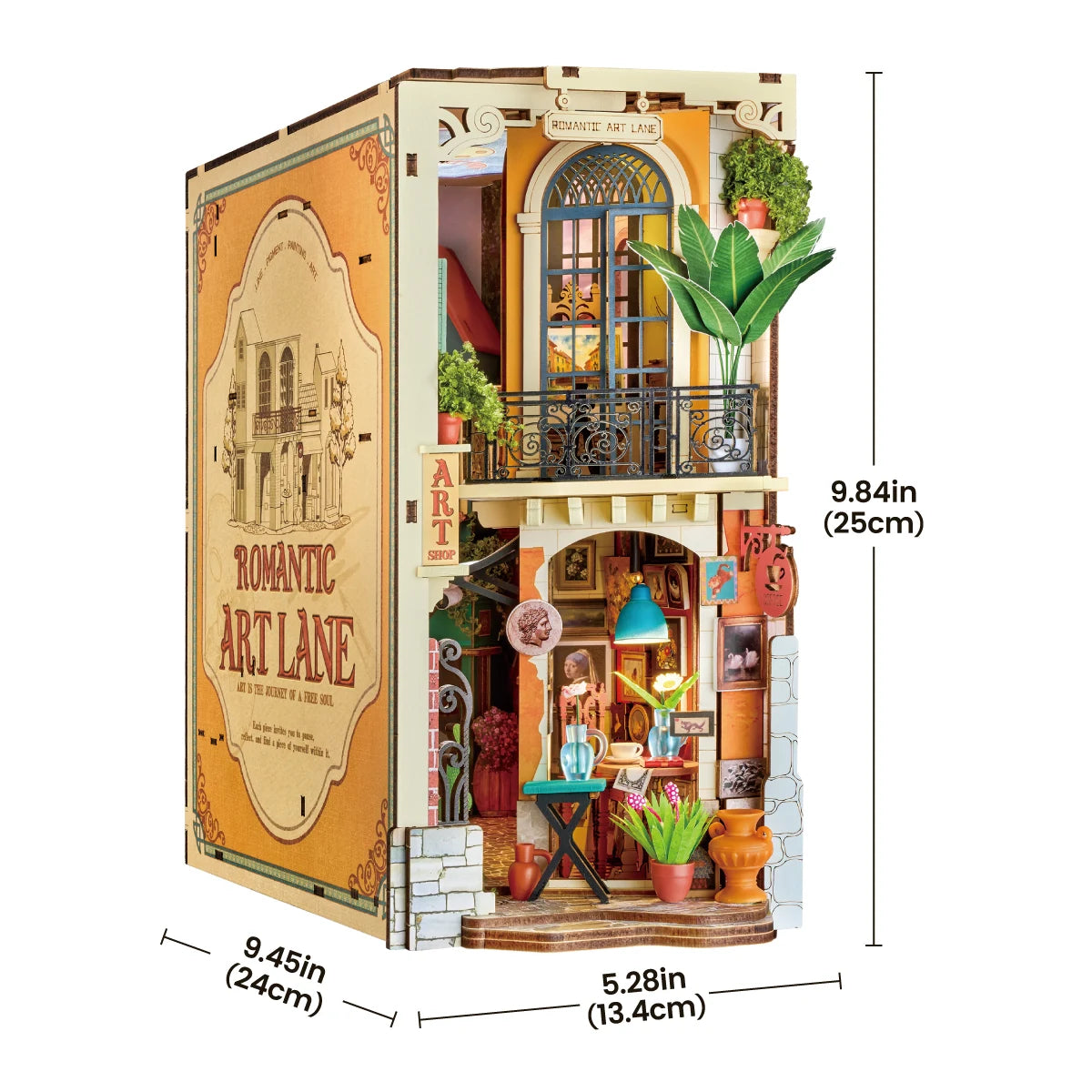 Rolife Romantic Art Lane miniature book nook shown with dimensions 9.84in (25cm) high, 9.45in (24cm) deep and 5.28in (13.4cm) wide.