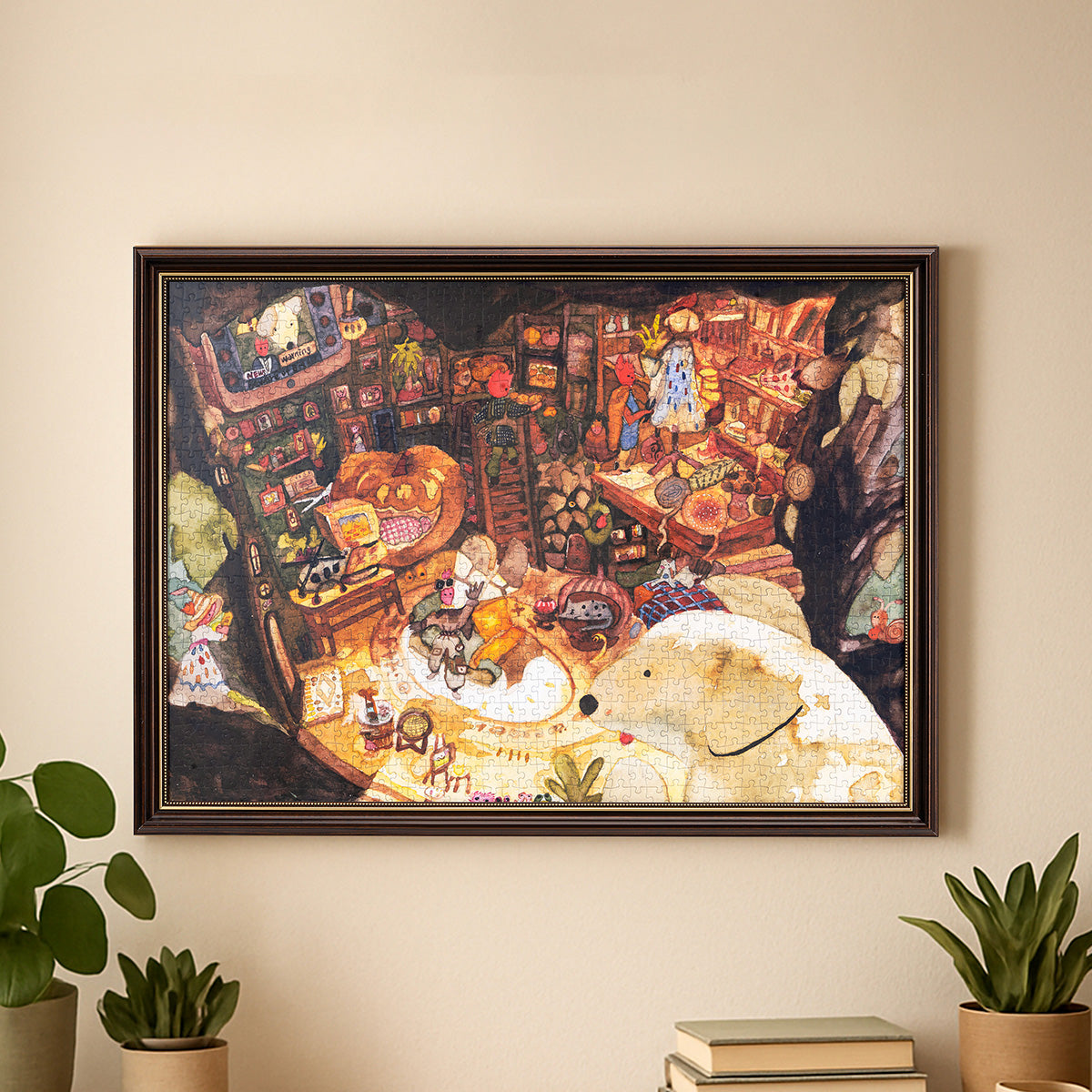 Rowood Tree House Tale PT010 puzzle en bois encadré de 1000 pièces affiché sur un mur