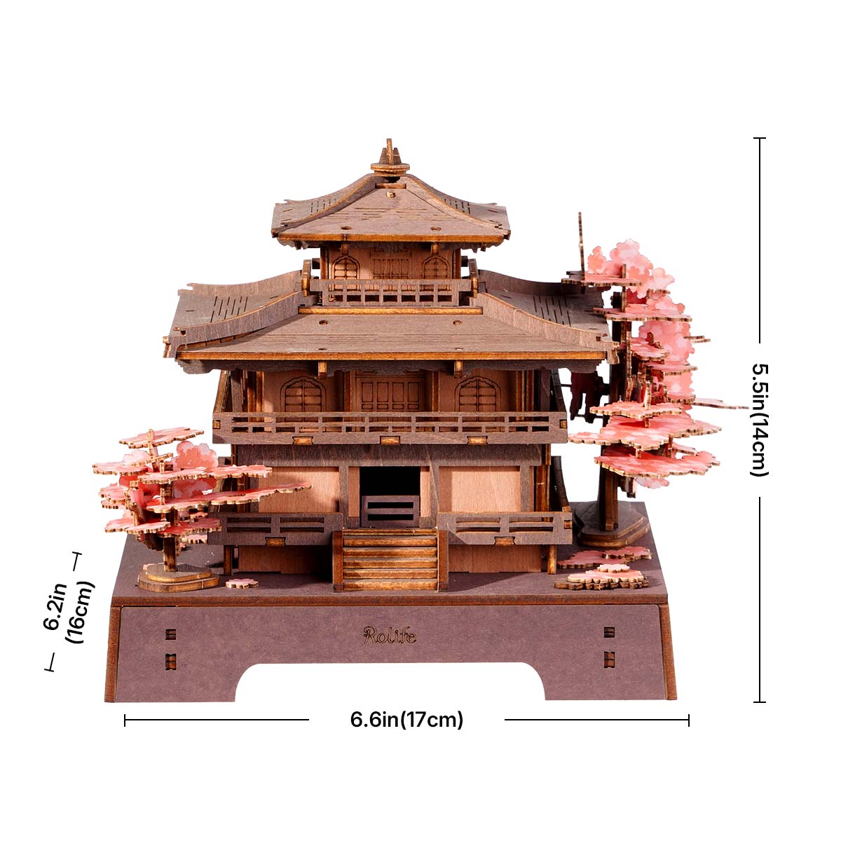 Rolife Sakura Pavilion Größe Bild zeigt 6,6 in (17 cm) breit, 6,2 in (16 cm) tief und 5,5 in (14 cm) hoch
