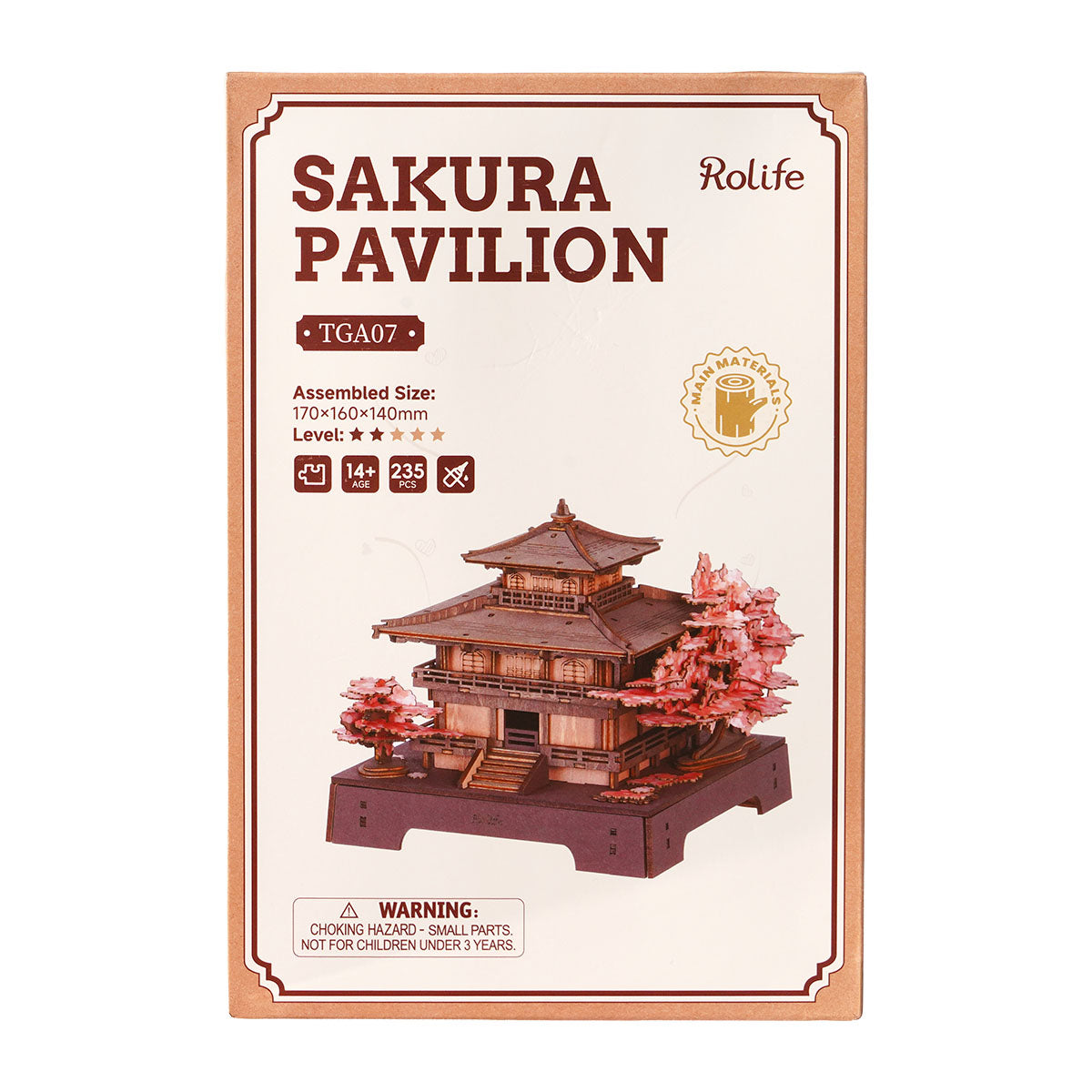 Rolife Sakura Pavilion TGA07 Paket Vorderseite zeigt die montierte Größe 170 x 160 x 140 mm, 235 Teile, Alter 14+ und Stufe 1