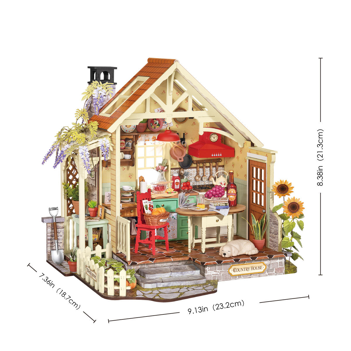Rolife Sunlit Farmhouse Kitchen DH101 imagen de tamaño que muestra dimensiones de 9.13 x 7.36 x 8.38 in