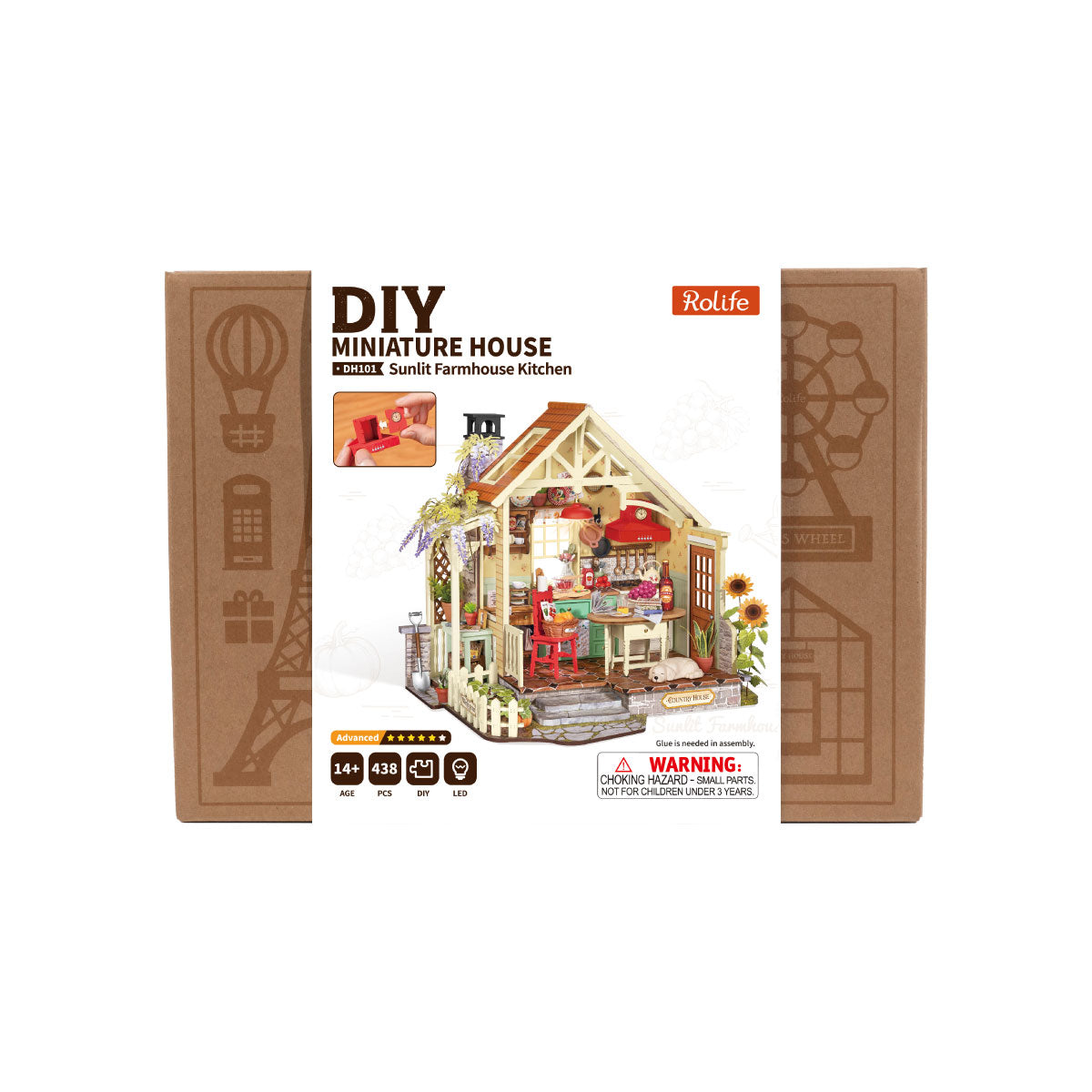 Imagen del paquete de Rolife Sunlit Farmhouse Kitchen DH101 que muestra la caja del producto y la casa en miniatura terminada.