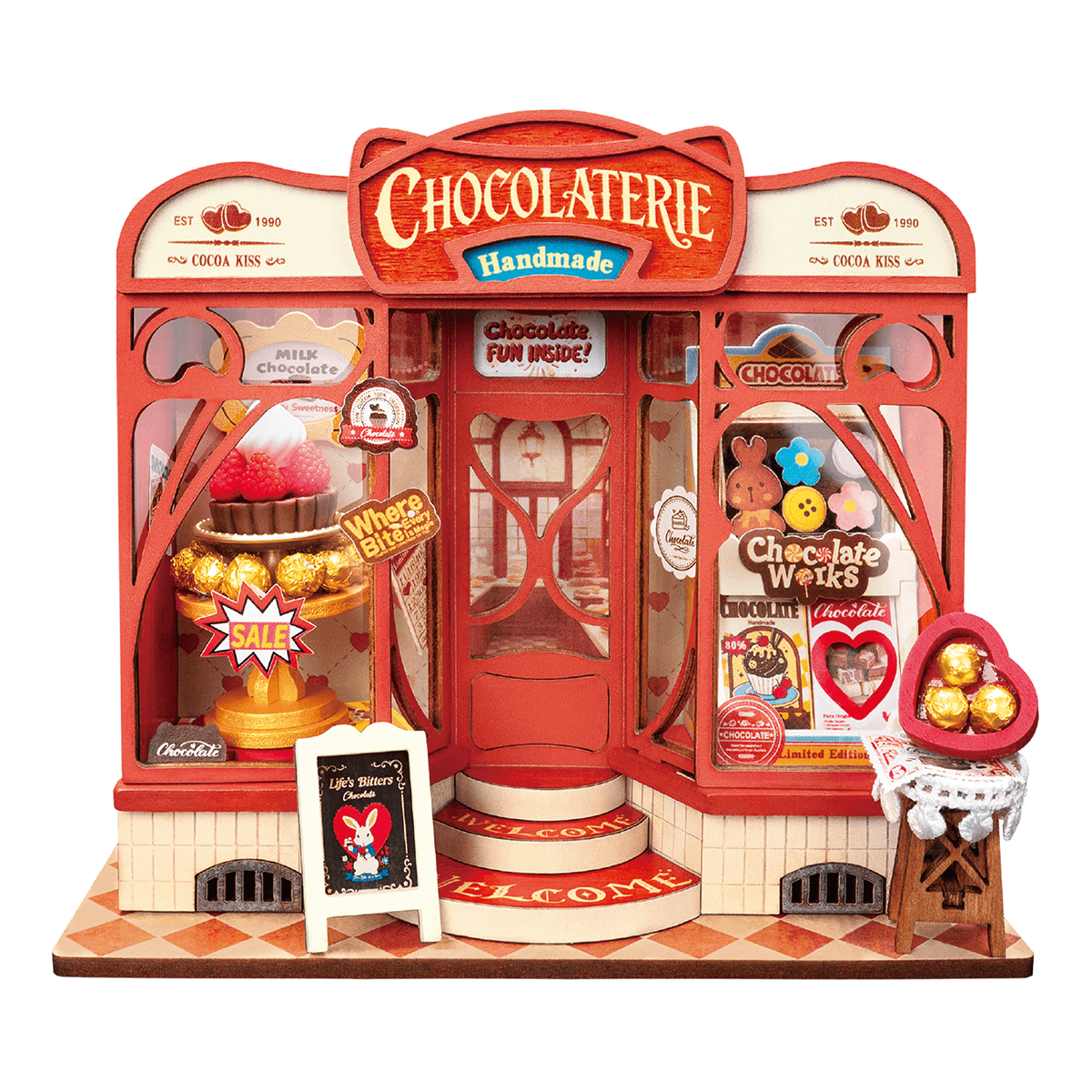 Rolife Sweet Chocolate Shop DS046 vista del producto de la tienda de chocolate en miniatura con fondo blanco