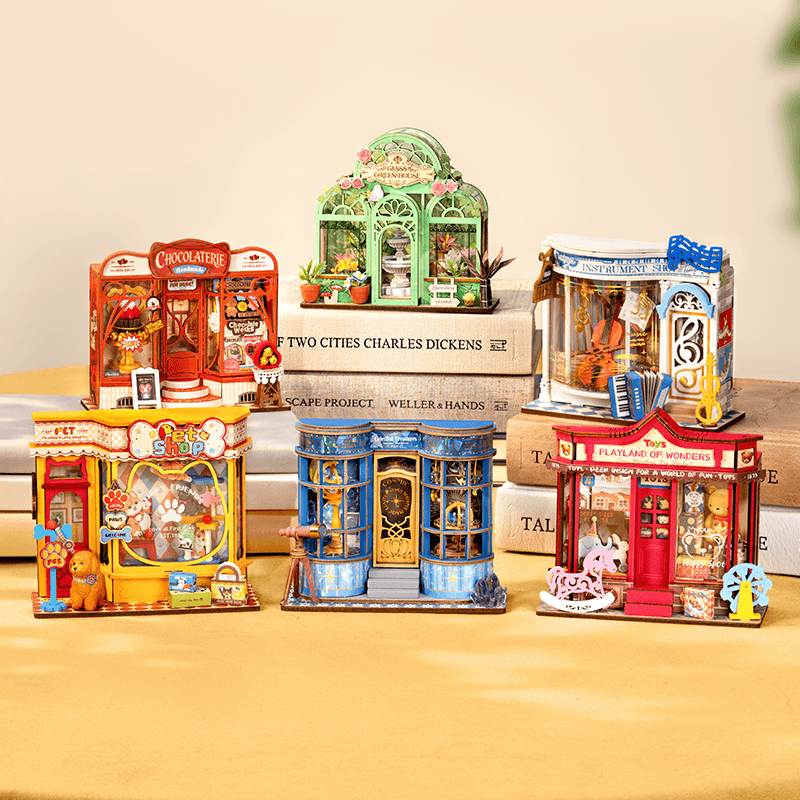 Rolife Mini Stores series collection display with five miniature shop models