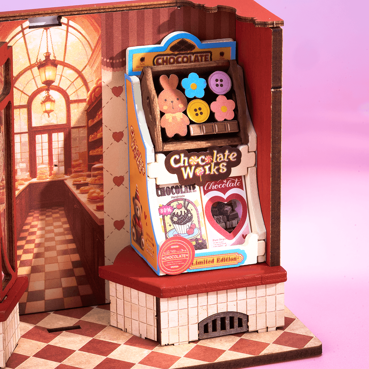 Boutique de Chocolat Doux DS046 gros plan sur le présentoir de chocolat et les détails de l'étagère à bonbons