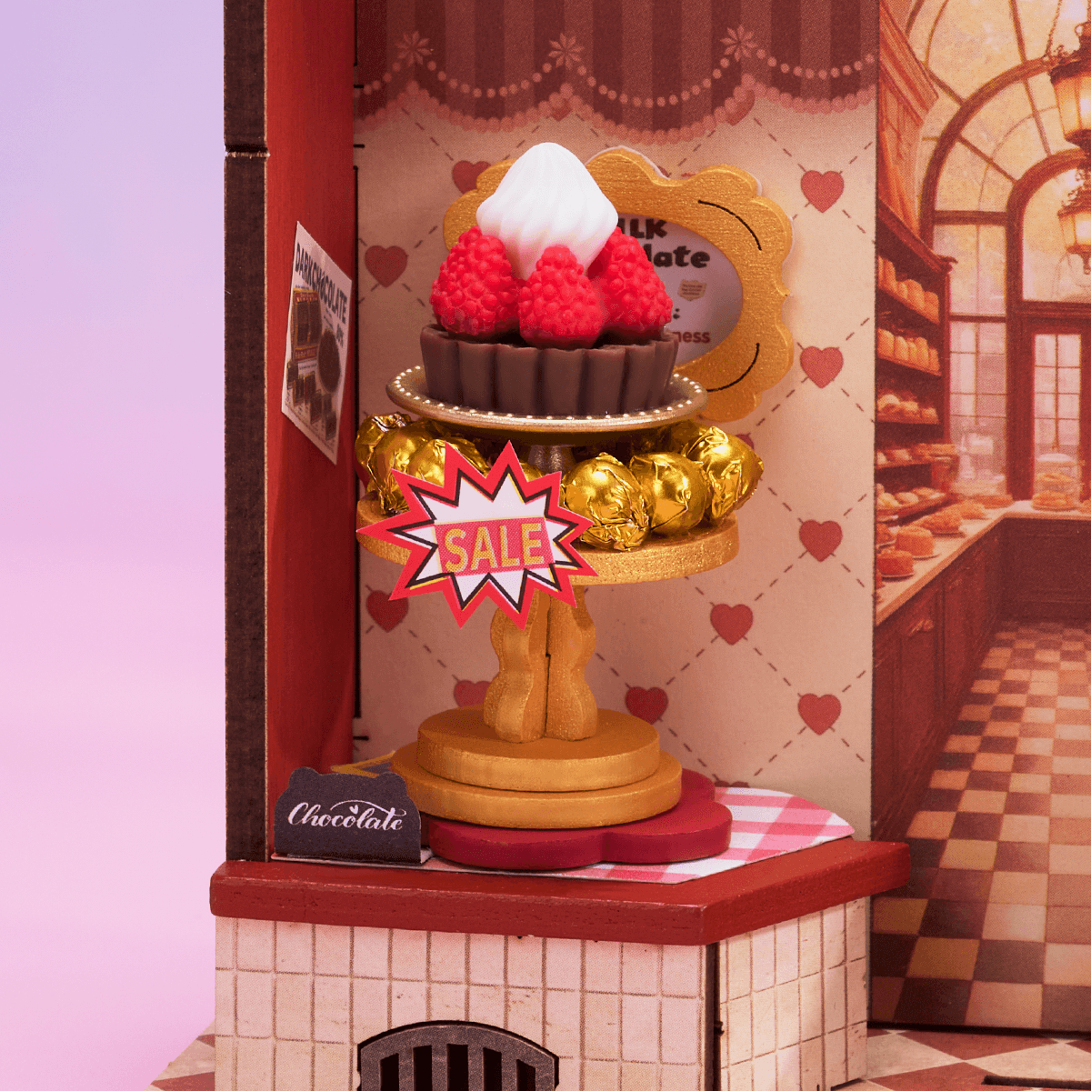 Boutique de Chocolat Doux DS046 gros plan sur le présentoir à desserts avec panneau de vente et détails de truffe