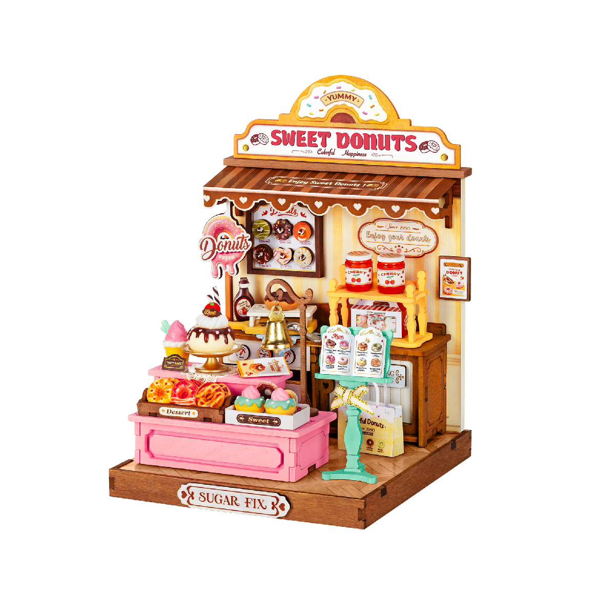 Rolife Sweetie's Donut Shop DS051 vista del producto sobre fondo blanco con mostrador rosa