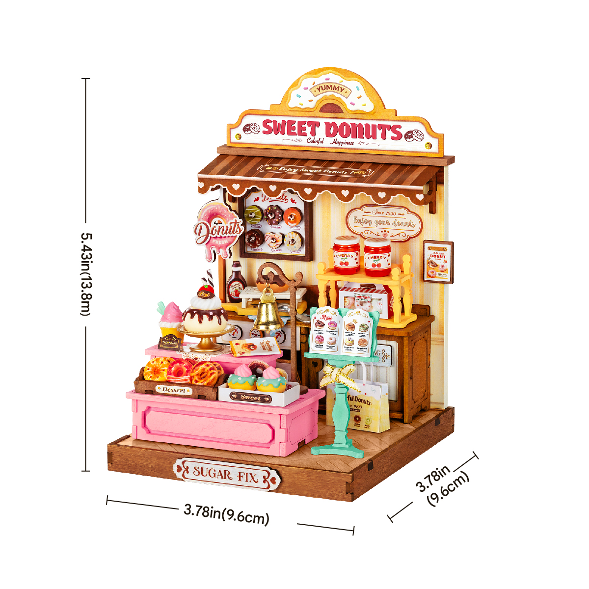Sweetie's Donut Shop DS051 size graphic, 9.6x9.6x13.8cm, 3.78x3.78x5.43in finished model