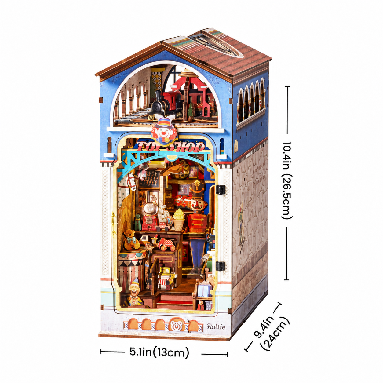 Rolife Treasure Toy Shop DIY Buchnische Größenübersicht mit Abmessungen von 13 x 24 x 26,5 cm