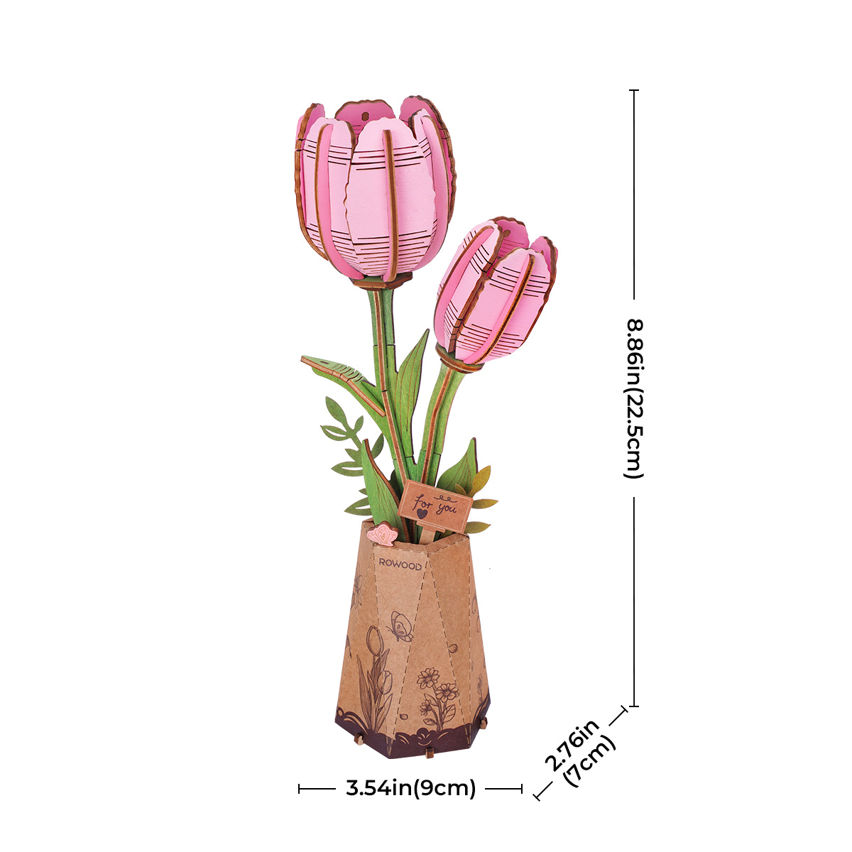 Vue détaillée de la fleur en bois DIY Rowood tulipe rose TW082