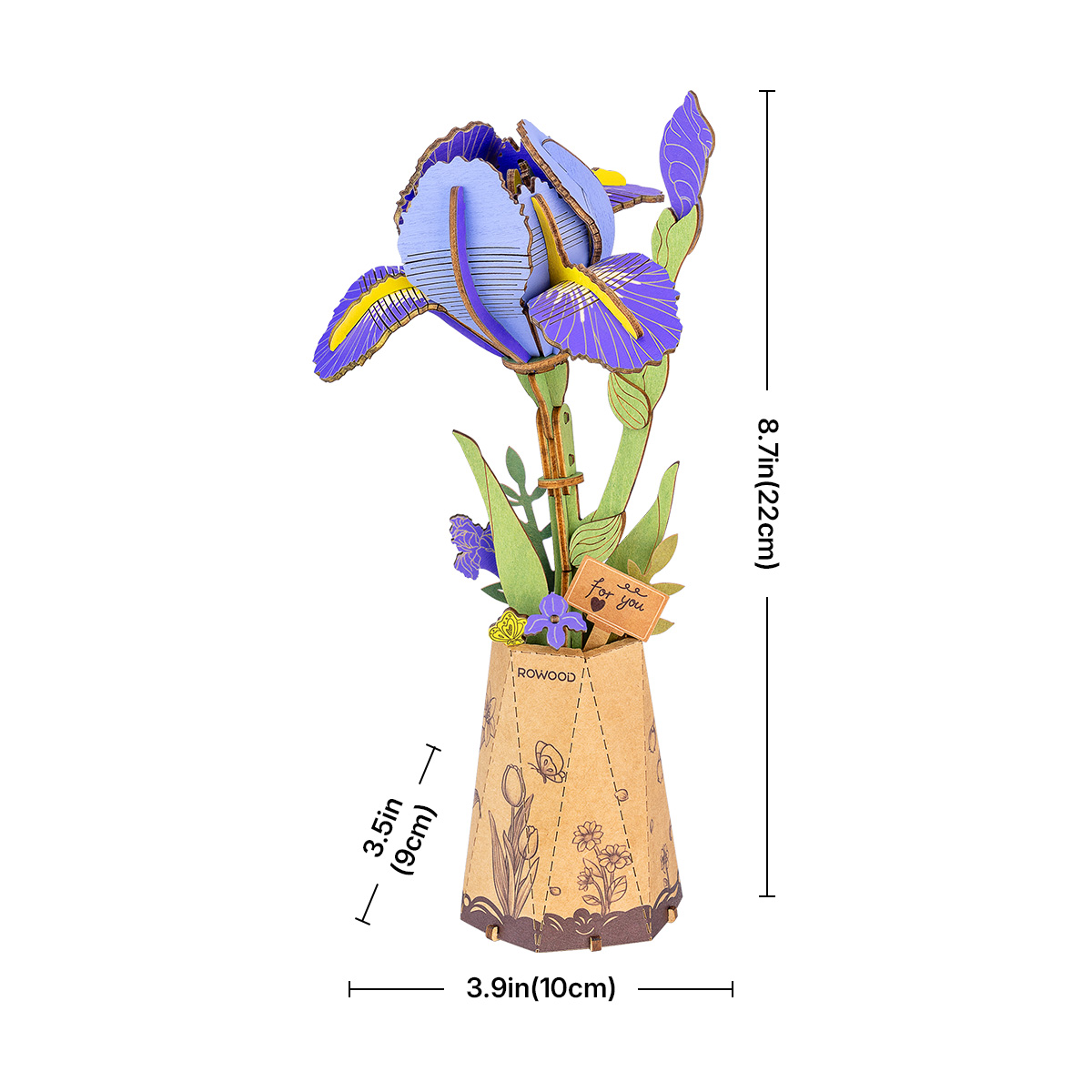 Modèle de fleur en bois Purple Iris TW121 taille graphique, 10 x 9 x 22 cm