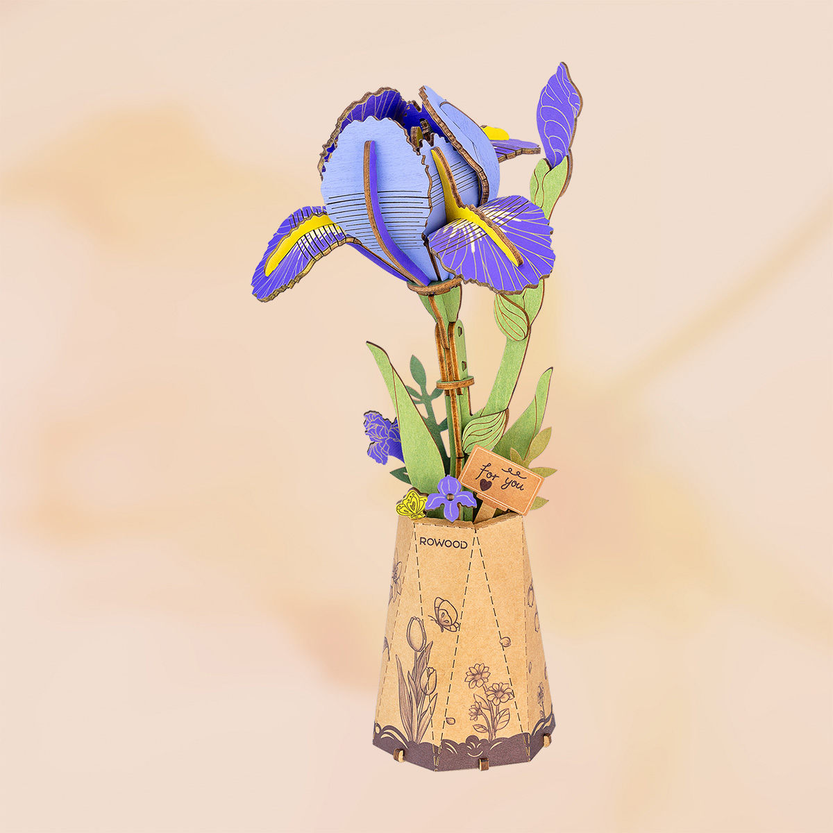 Rowood Purple Iris TW121 white background wooden flower bouquet display
