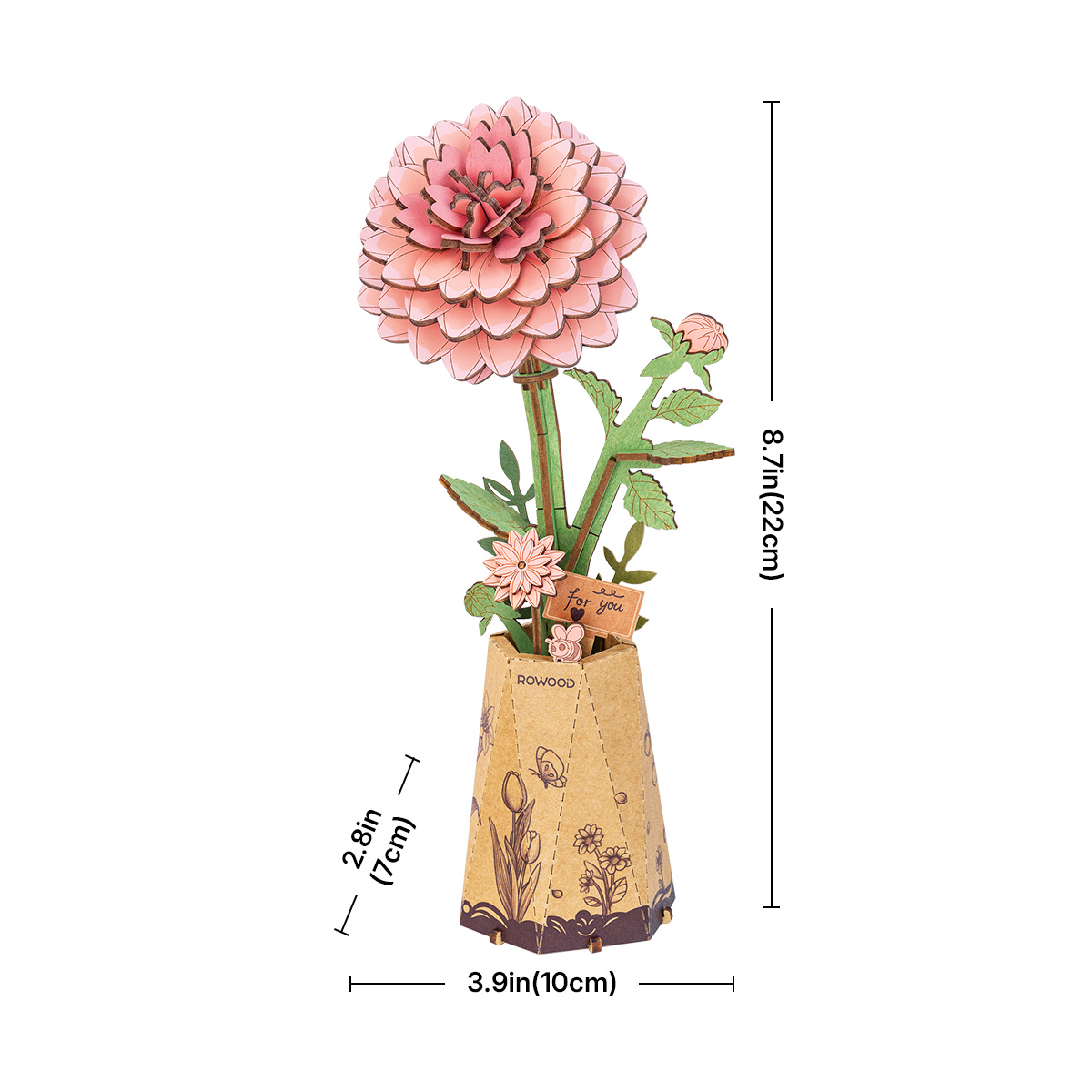 Pink Dahlia TW131 size graphic for the wooden flower bouquet