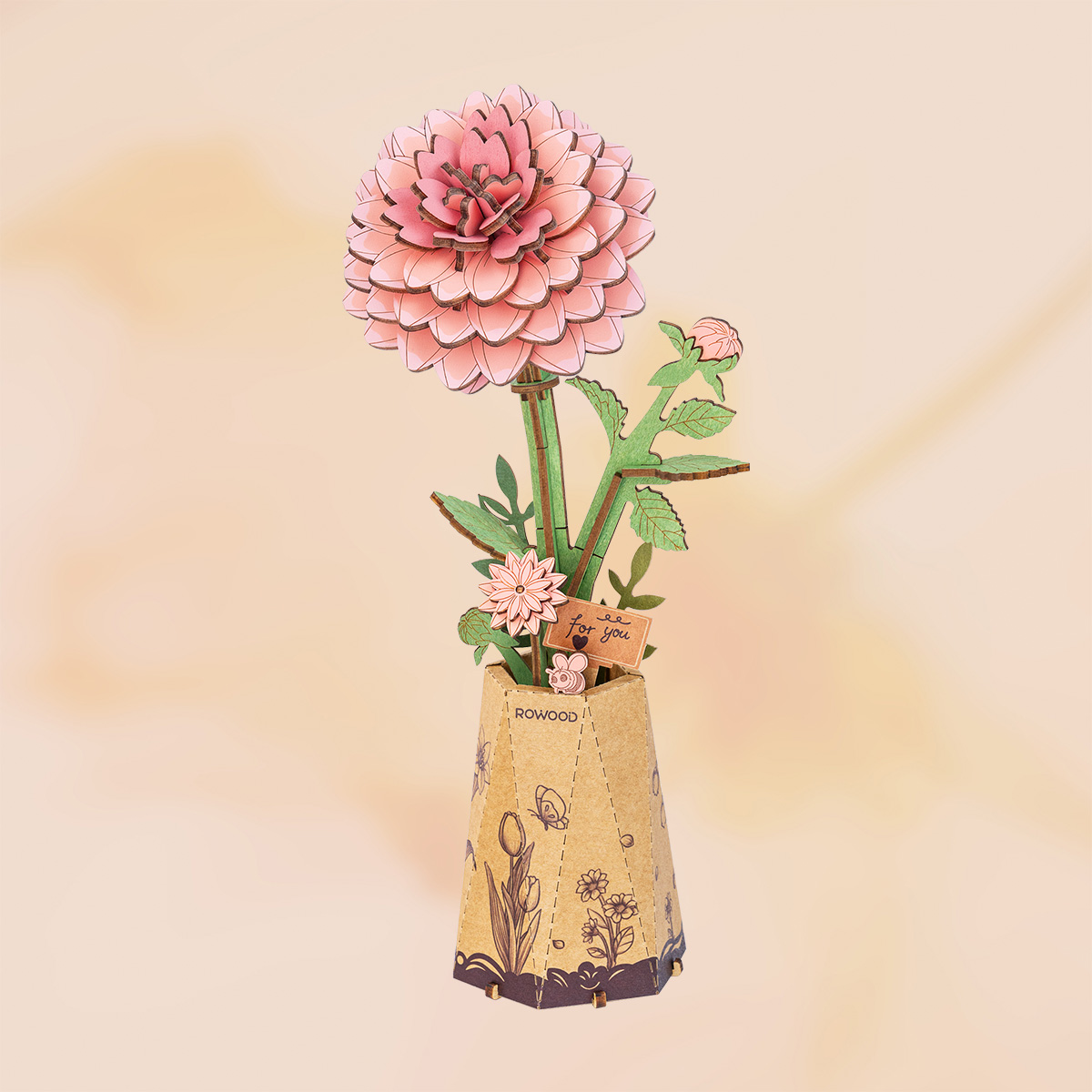 Rowood Pink Dahlia TW131 white background wooden flower bouquet display