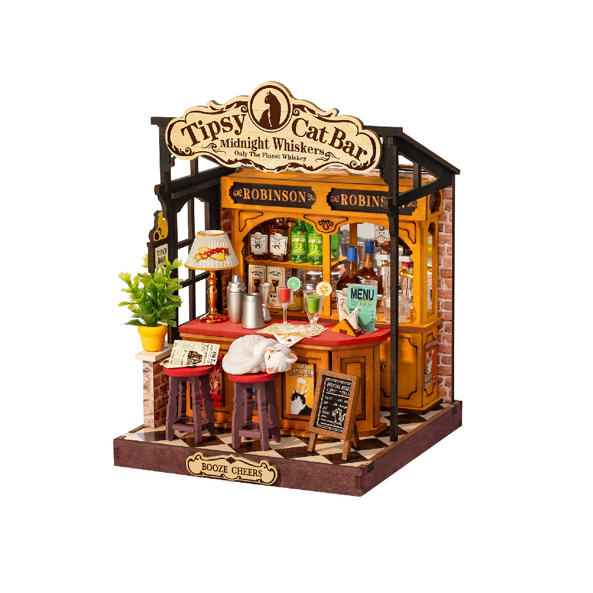 Rolife Tipsy Cat Bar DS054 white background product view with wooden bar counter