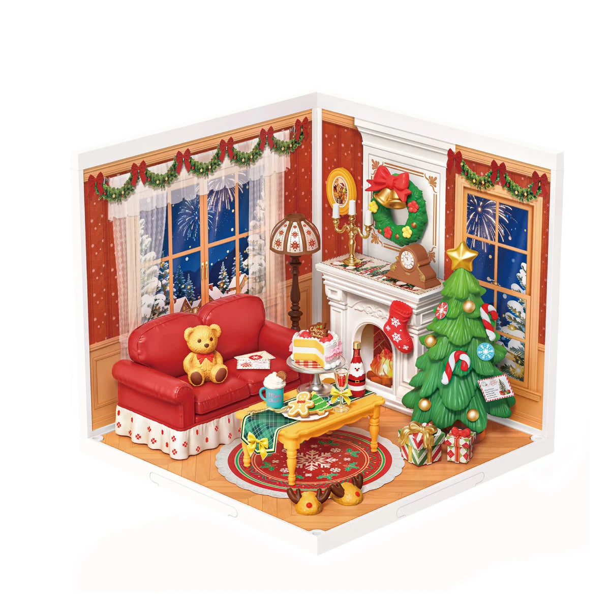Rolife miniature Christmas living room diorama with red sofa, teddy bear, fireplace, decorated tree, gifts and festive window scenes.
