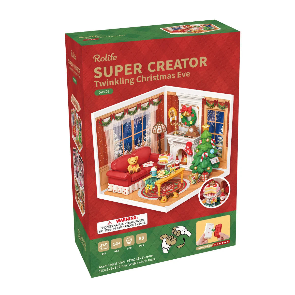 Rolife Super Creator Twinkling Christmas Eve box, DWZ03, showing the miniature festive room, 88 pieces, LED, 14+ age, intermediate level and assembled size 163x163x152mm.