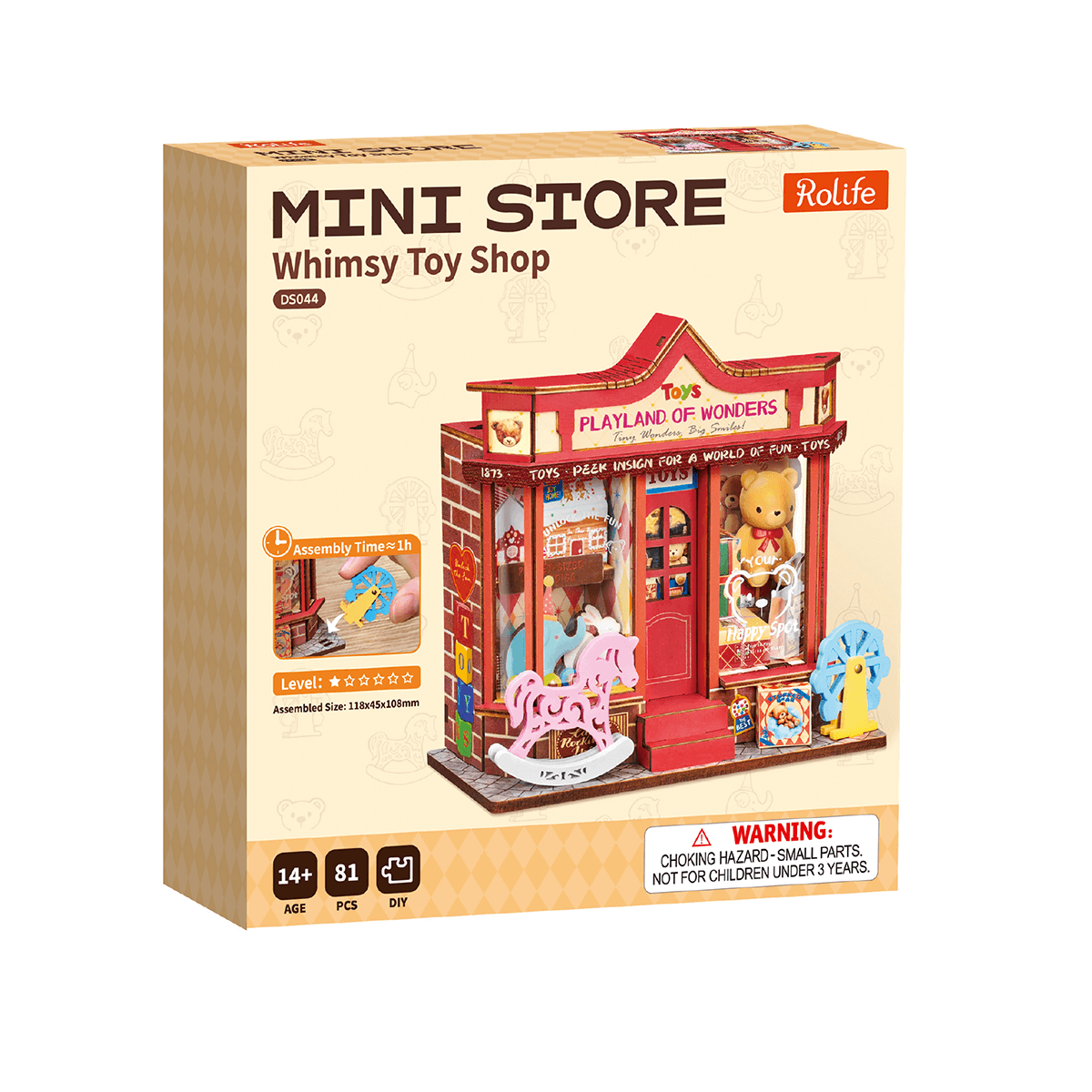 Rolife Whimsy Toy Shop DS044 product package with completed miniature toy shop