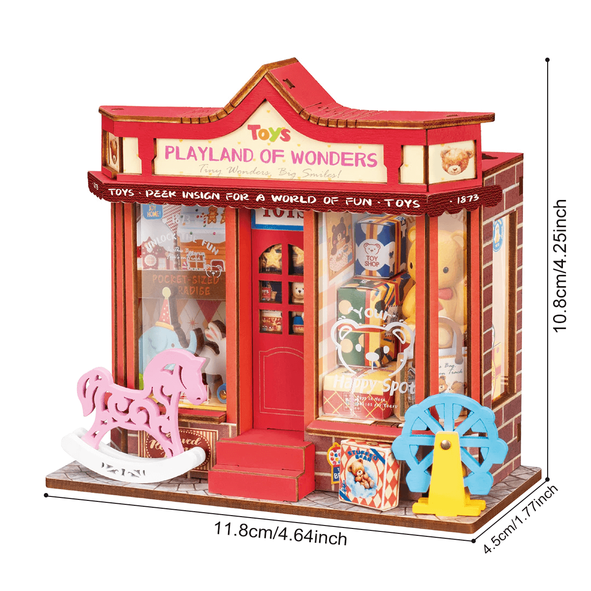 Whimsy Toy Shop DS044 size graphic, 11.8 x 4.5 x 10.8 cm finished miniature house