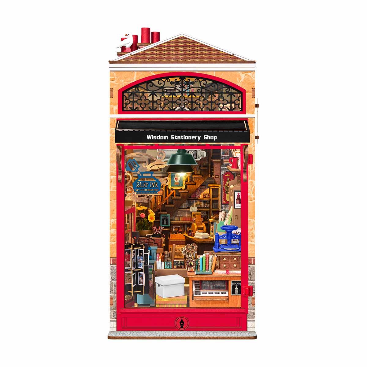 Rolife Wisdom Stationery Shop DIY Boek Nook afgewerkt model op een witte achtergrond