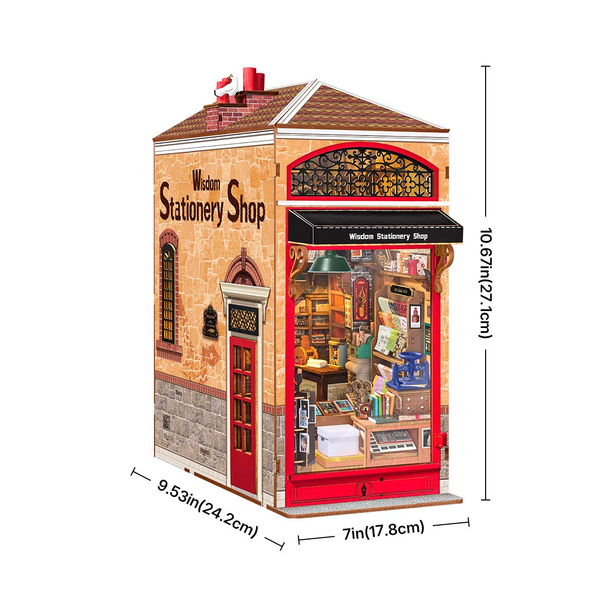 Rolife Wisdom Stationery Shop DIY Book Nook size chart, 10.67 x 9.53 x 7 in (27.1 x 24.2 x 17.8 cm)