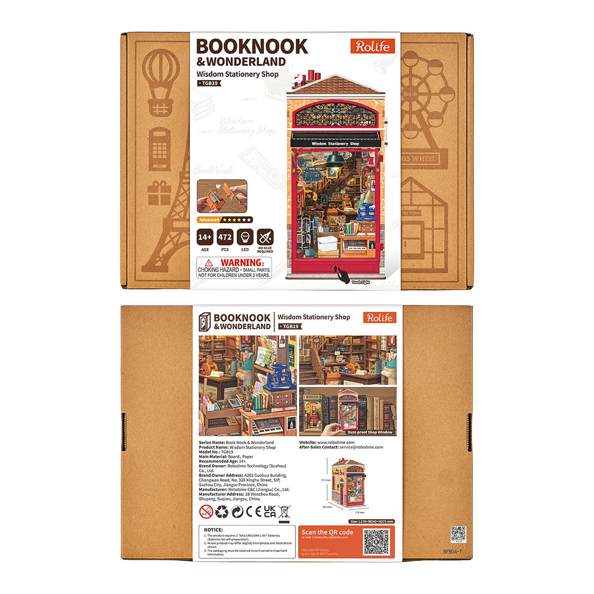 Rolife Wisdom Stationery Shop DIY Book Nook packaging box front and back