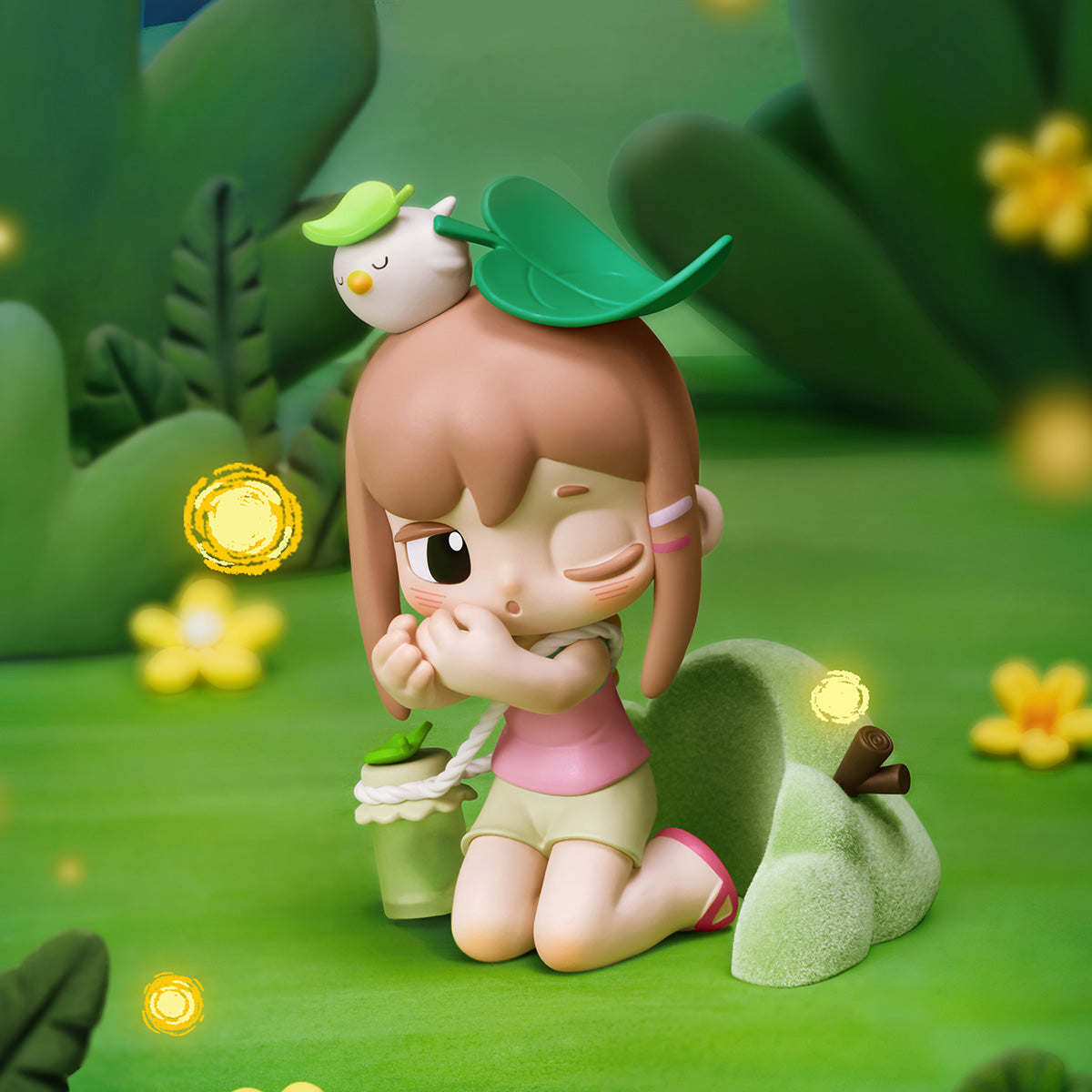 Yozco Mood Diary Firefly Glow figure kneeling with glowing fireflies in a forest scene