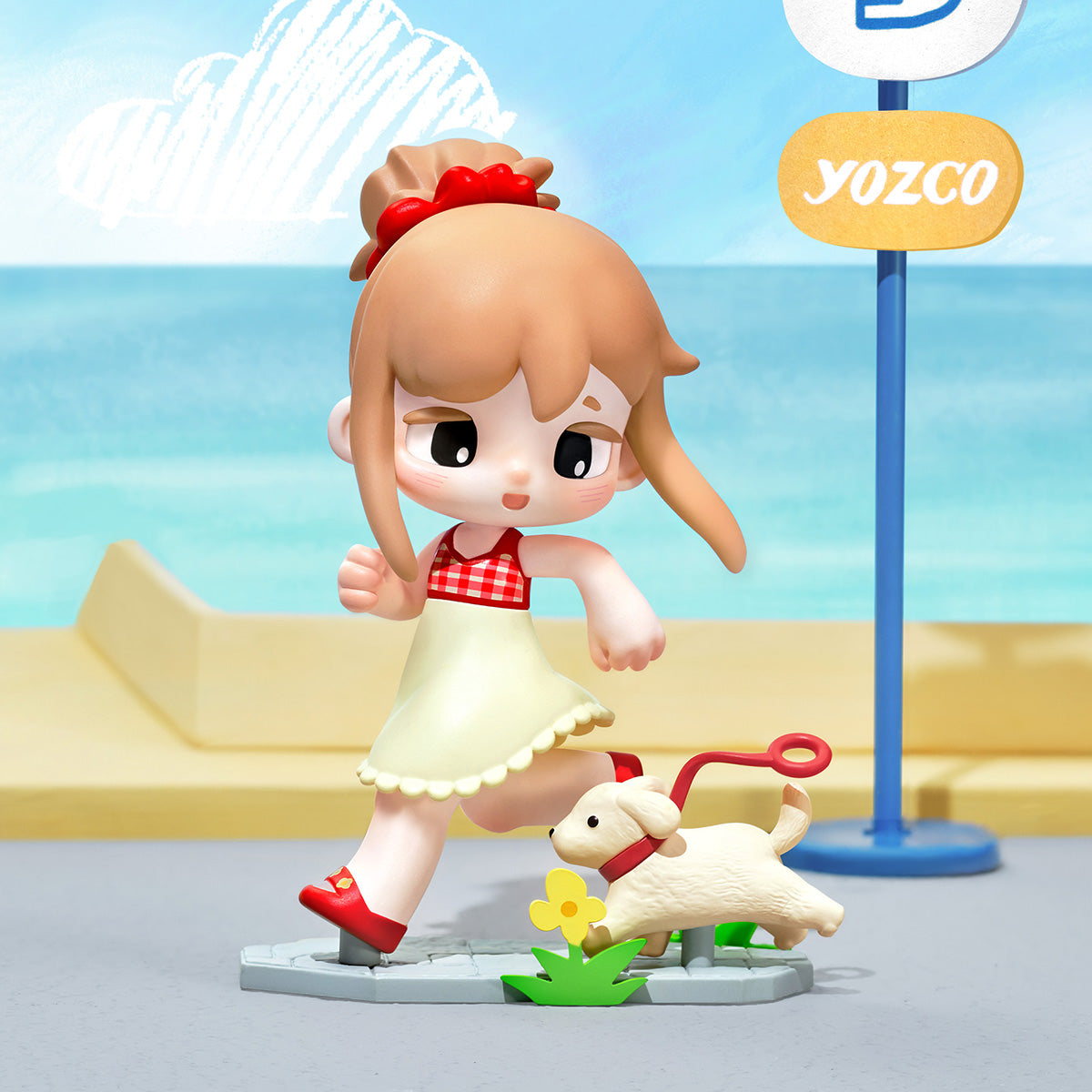 Yozco Mood Diary walking figure with dog in a beachside scene